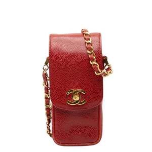 CHANEL Red Caviar Leather Logo Shoulder Bag